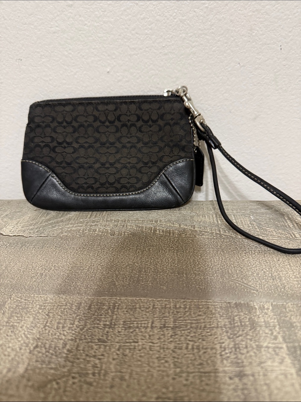 Coach Black Signature Canvas Wristlet with Leather Trim